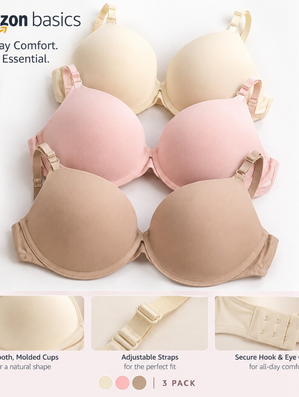 AMAZON Women's 3-Pack T-Shirt Bras - Cream, Pink, Tan